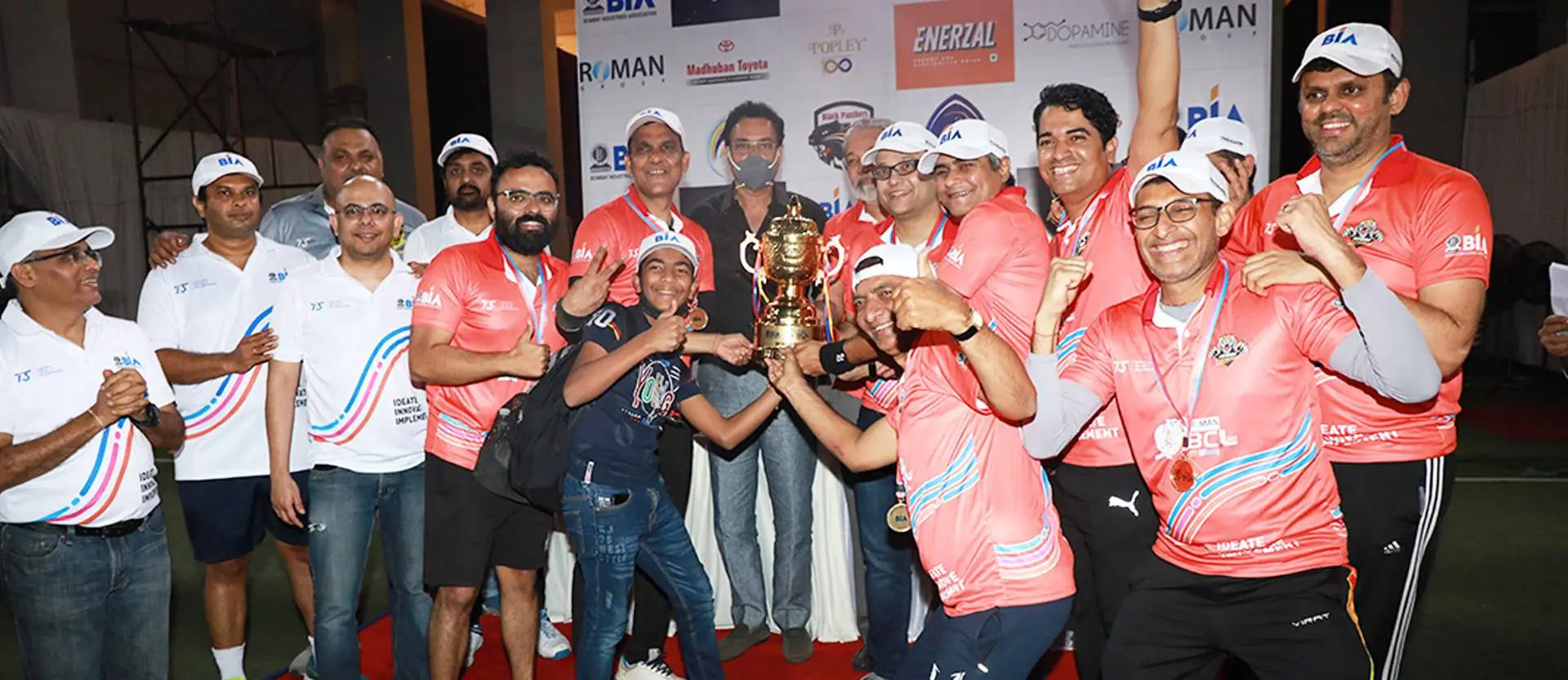 The winning team with trophy - Roman BIA Cricket League organised by Bombay Industries Association BIA under the Presidency of Mr. Nevil Sanghvi